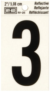 Hy-Ko RV-25/3 Reflective Sign, Character: 3, 2 in H Character, Black Character, Silver Background, Vinyl